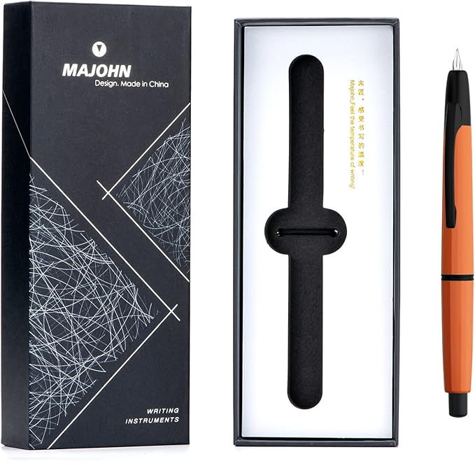 Majohn A2 Press Fountain Pen Extra Fine Nib with Box, Retractable Orange Resin Ink Pen with Converter Writing Set (Black Clip Version）