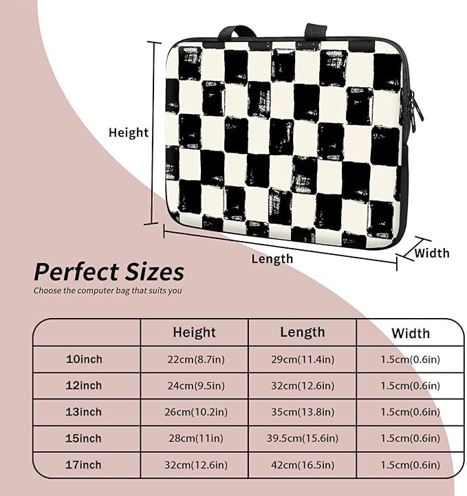 Laptop Sleeve Case Bag 15 inch, Black and White Checkered Slim Carrying Case Durable Handbag Travel Laptop Bag for 15 inch MacBook Air M3/M2/15 Pro/Surface Laptop 7/6/5/4/3/ Dell XPS 15 Plus