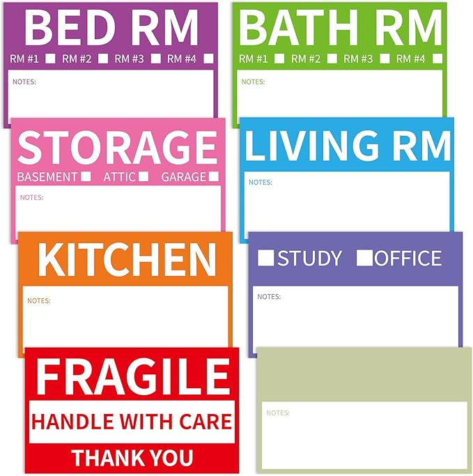 170 Home Moving Labels, 3.4 x 2 inches, 8-Color Coded Packing Box Stickers with Fragile and Blank Customizable Labels