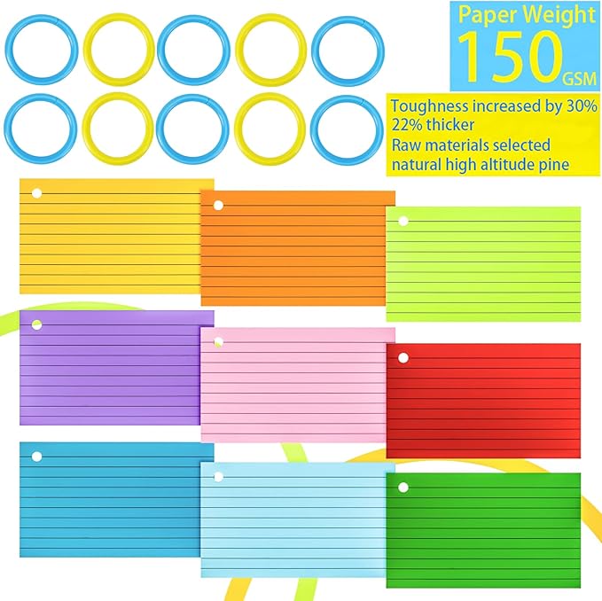 MotBach 280 Pcs Index Cards Flash Cards with Binder Rings,3" x 5", 6 Color Ruled Memo Note Study Cards Memo Scratch Pad Lined Studying Record Index Cards To Do List for Home School Office Supplies