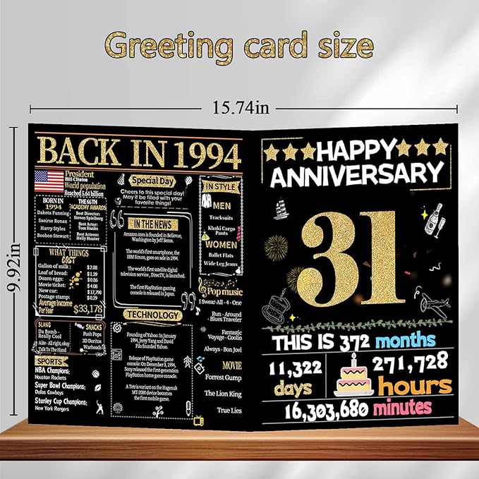 Joycard 31st Anniversary Card for Women Men, Gold Wedding Card for Wife Husband, Sweet Marriage Decorations Gifts for Couple, Perfect for Her Him on Anniversary Day, Back in 1994