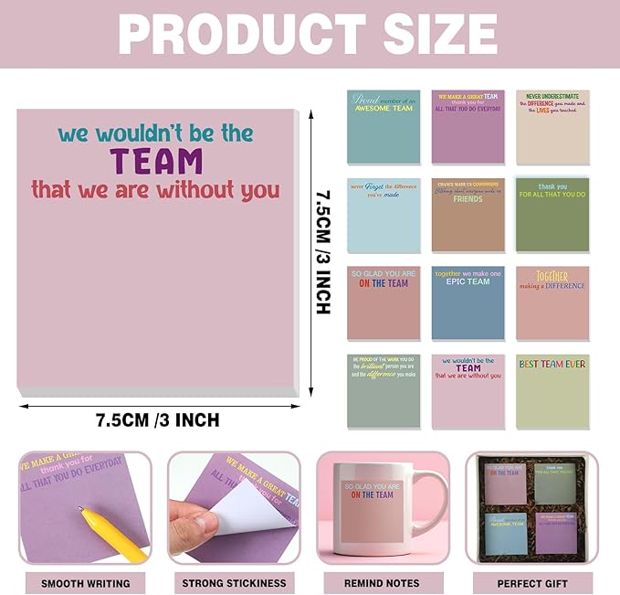 Yinder 24 Pcs Team Sticky Notes Team Appreciation Gifts Bulk Employee Coworker Inspirational Sticky Notes Pad Appreciation Gifts for Teacher Nurse Office Supplies 3 x 3''(Morandi,Appreciation)