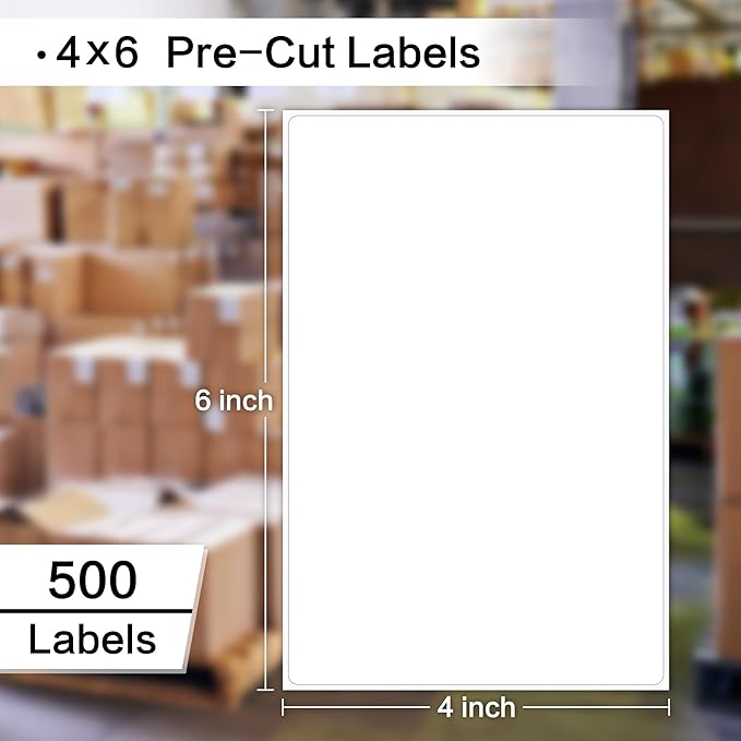 L LIKED 500 Shipping Labels - 4"x 6", Single Sheet, White Printable Labels for Laser & Inkjet Printers, Self Adhesive Address Mailing Postage Labels Stickers (500 Sheets)