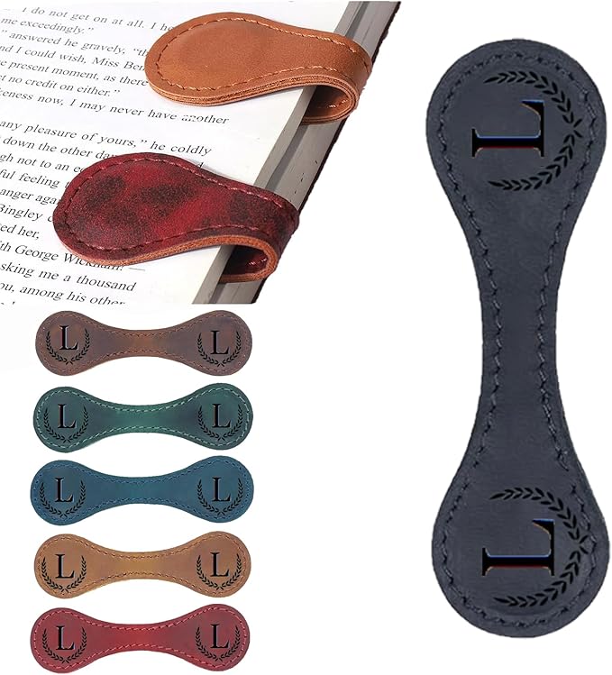 Personalized Magnetic Leather Bookmark, 26 Letters Custom Leather Bookmarks, Handmade, Leather Magnetic Bookmark for Book Lovers Readers Women Kid(Black，L）