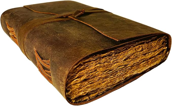 Vintage Leather Journal - 200 Pages Deckle Edge Rustic Paper - Unlined Pages Book of Shadows, Grimoire, Junk Notebook, Fantasy Medieval Gifts, Sketchbook, Antique Scrapbook (12"x9")