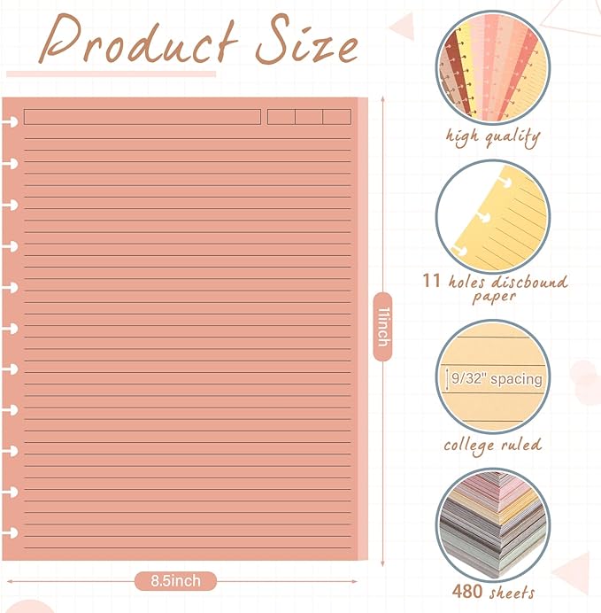 PerKoop 12 Pack 480 Sheets Colored Discbound Refill Paper 8.5 x 11 Inch College Ruled 11 Disc Letter Size Lined Paper Multicolored Refill Notebooks Disc Paper for Refill Paper Journaling (Nutty Color)