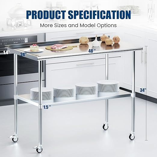 Stainless Steel Table 24 x 48 Inches with 4 Wheels，Metal Prep Table with Backsplash & Adjustable Undershelf for Commercial Kitchen, Outdoor, Restaurant, Hotel & Garage