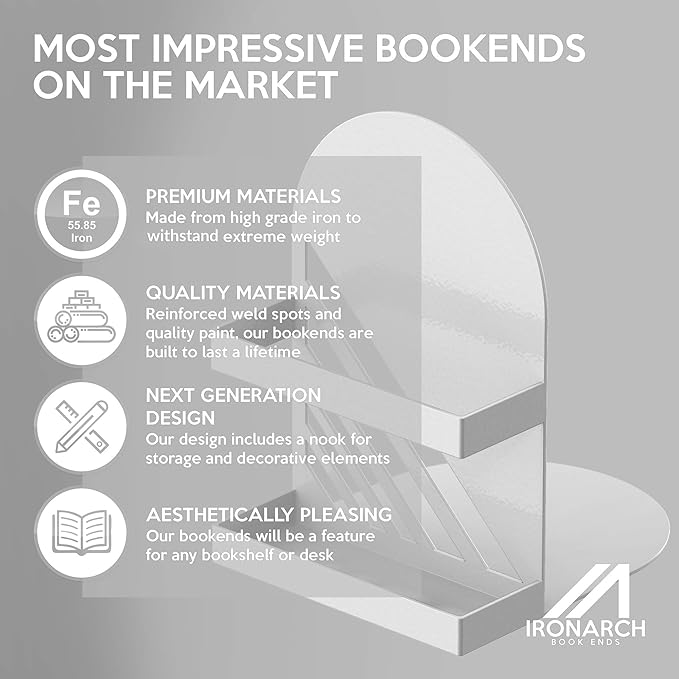 Iron Arch Modern and Decorative Bookends for Heavy Books, 200% Stronger & Heavier Than The Average Bookends, Large Bookends with Matching Bonus Storage Cup (Snow White)