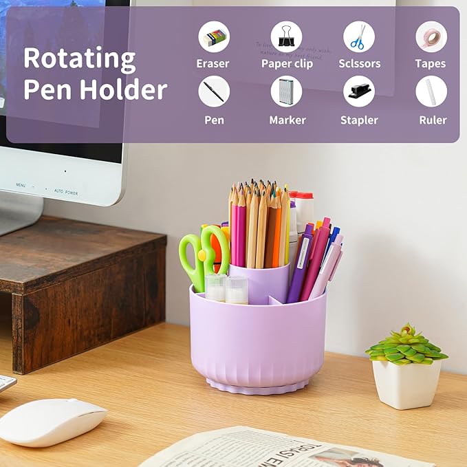 Marbrasse Desk Organizer, 360-Degree Rotating Pen Pencil Holder for Desk, Desk Organizers and Accessories with 5 Compartments Pencil Organizer, Art Supply Storage Box Caddy for Office, Home(Purple)