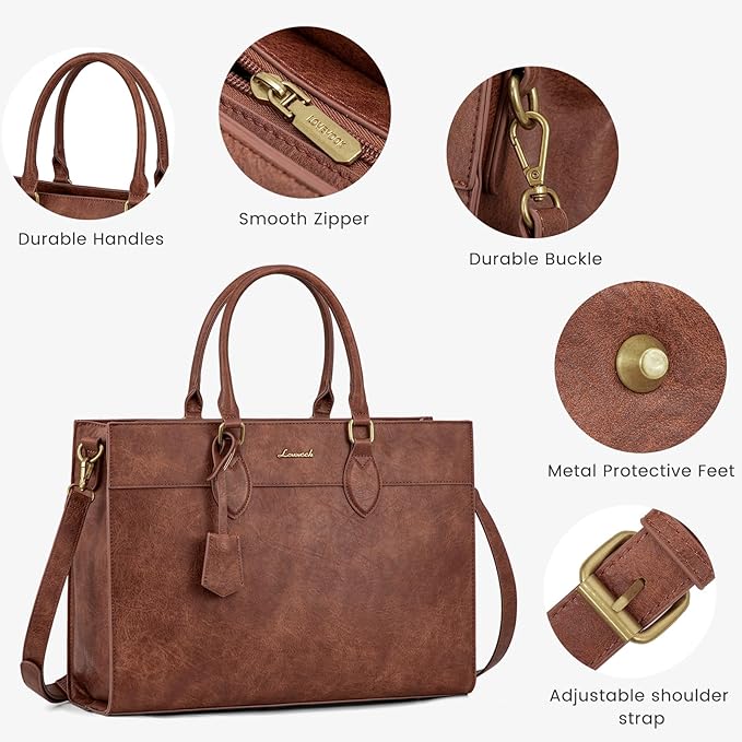 LOVEVOOK Laptop Bag for Women, 15.6 inch Laptop Tote Work Bag Purse, Large Waterproof Leather Computer Briefcase for Office, Reddish Brown