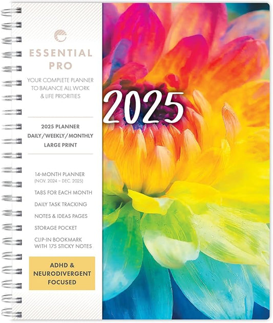 Essential PRO 2025 Daily, Weekly & Monthly Planner, 8.5"x11": 14 Months (Nov 2024 - Dec 2025) Monthly Tabs,Daily Tracking,Notes Pages,Storage Pocket,Bookmark w Sticky Notes (Rainbow Petals)