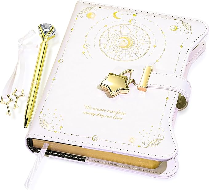 Diary with Lock and Keys for Girls Gift Ideas, 360 Gold Edged Pages Journal for Women, B6 Refillable Notebook for Writing with Pen and Bookmark (Astro White)