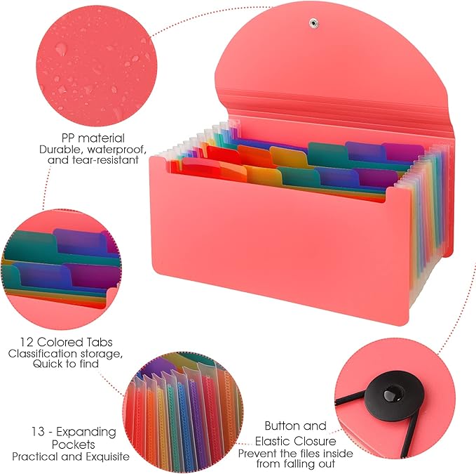 2 Pack 13 Pockets A6 Mini Coupon Organizer Wallet, Expandable Accordion File Organizer for Storage Receipt Cards Coupons Tickets - Pink