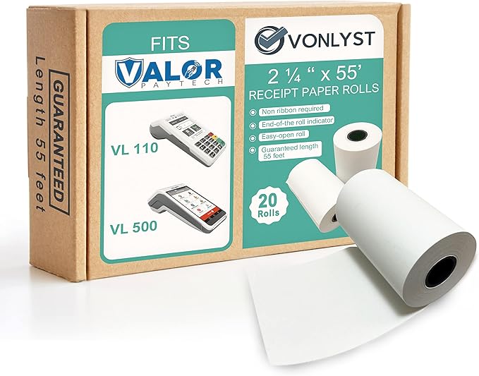 Receipt Paper Roll for Valor Paytech VL 110 and VL 500 Credit Card Machine (20 Rolls)