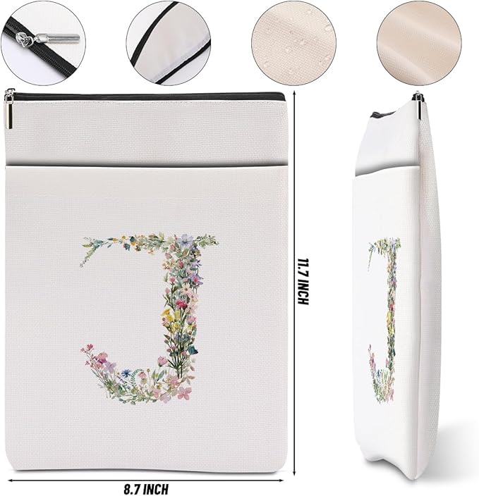 Monogrammed Book Sleeve Floral J Initial Book Pouch Book Accessories Book Lovers Gifts Waterproof Book Cover Book Protector Bookish Gifts Personalized Gifts for Women Girls Readers Bride Bestie