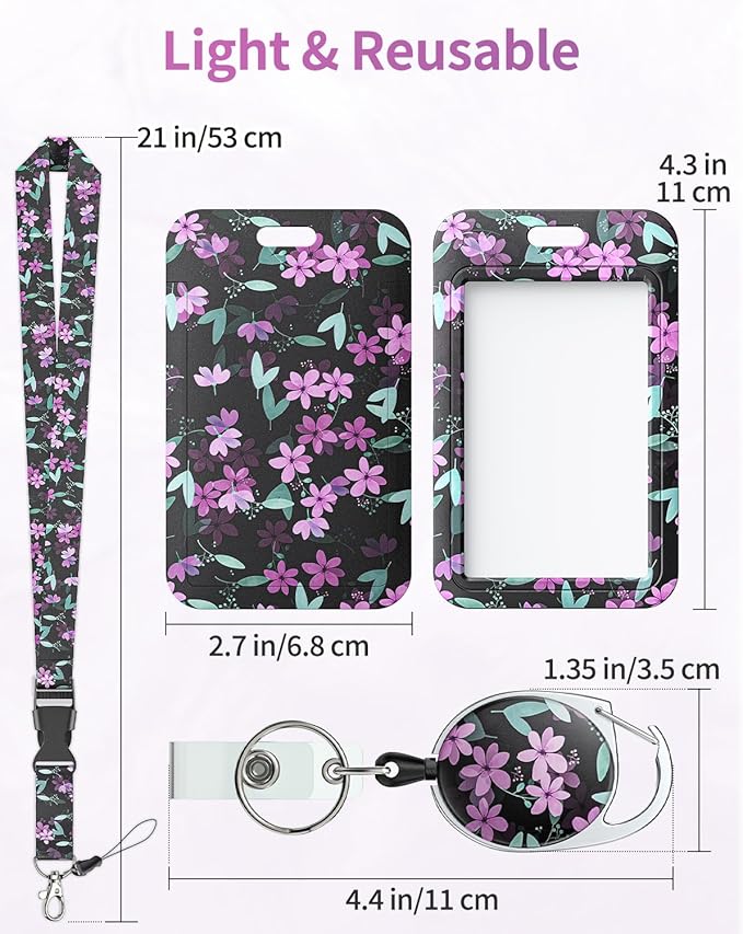 Uniclife Floral Sliding Badge Holder Purple Flower Plastic Case with Retractable Badge Reel Carabiner Clip & Detachable Lanyard Strap Fashionable Vertical Card Protector for Women Teacher Student