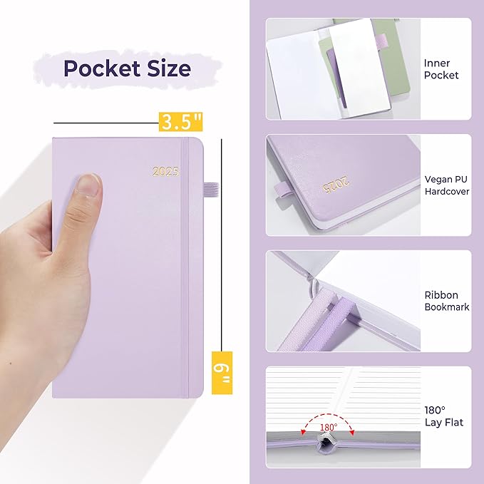 SUNEE 2025 Pocket Weekly Planner for Purse 3.5" x 6" - 12 Month (January 2025 - December 2025), Pocket Size Planner, Hardcover, Notes, Pocket, 100 GSM Paper, Purple