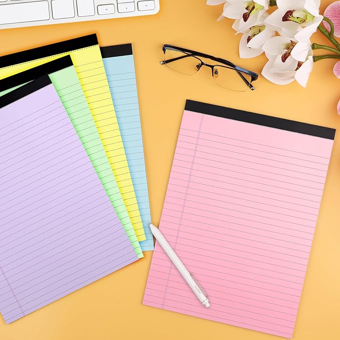WINKIO Colored Legal Pads,5 Pack Writing Pads 8.5 x 11 inch, Micro Perforated Notebooks with Sturdy Back, Wide Ruled, 30 Sheets Per Writing Pad for School, College, Office, Professional