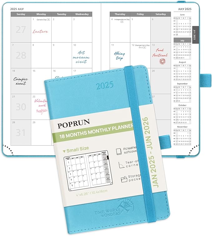 POPRUN Pocket Monthly Planner 2025-2026 (Pocket- 4''x 6.25''Soft Leather Cover) - 18 Month Calendar Book for Purse (January 2025-June 2026), 100 GSM Thick Paper - Blue Green