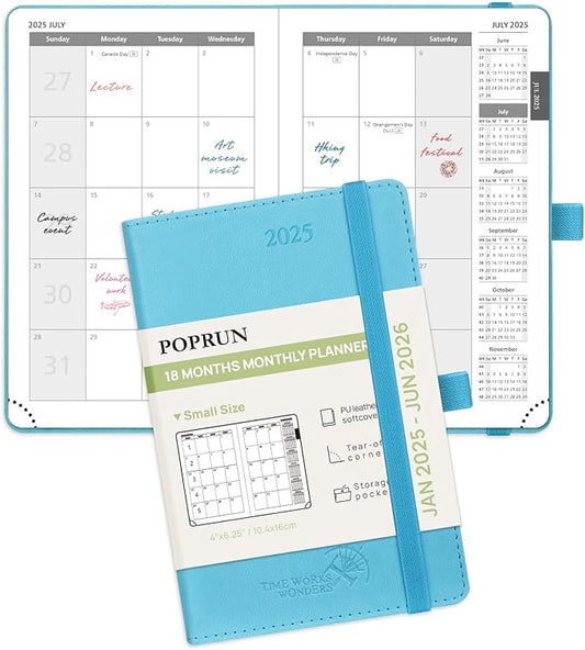 POPRUN Pocket Monthly Planner 2025-2026 (Pocket- 4''x 6.25''Soft Leather Cover) - 18 Month Calendar Book for Purse (January 2025-June 2026), 100 GSM Thick Paper - Blue Green