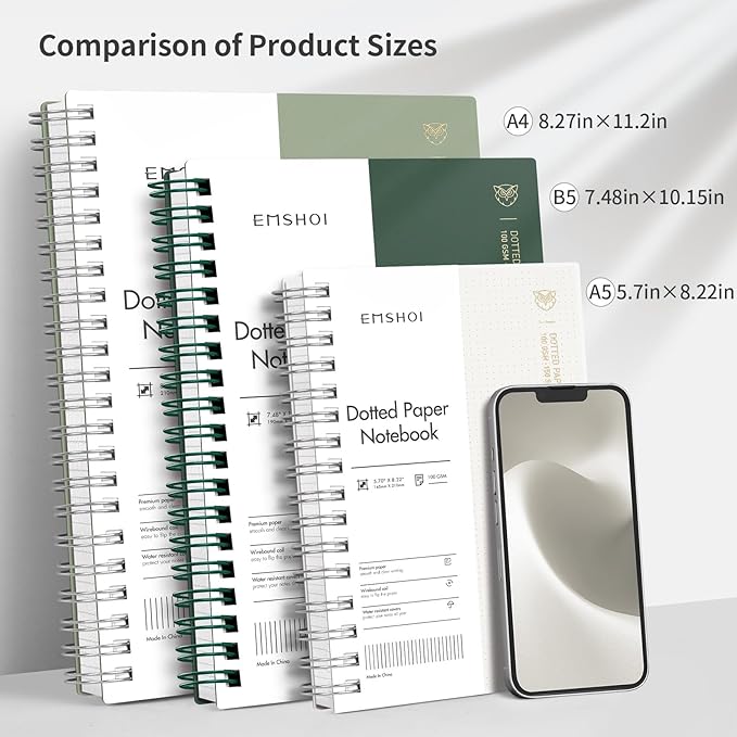 EMSHOI Spiral Notebook Bullet Dotted Journal, A5 Dotted Grid Notebook with 300 Pages, 100gsm Thick Paper, Waterproof Softcover Notebook for School Work Writing, 5.7" × 8.22" - Transparent