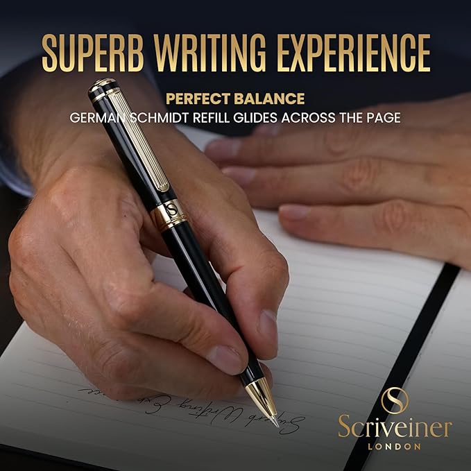 Scriveiner Black Lacquer Ballpoint Pen - Stunning Luxury Pen with 24K Gold Finish, Schmidt Black Refill, Best Ball Pen Gift Set for Men & Women, Professional Executive Office, Nice Fancy Designer Pens