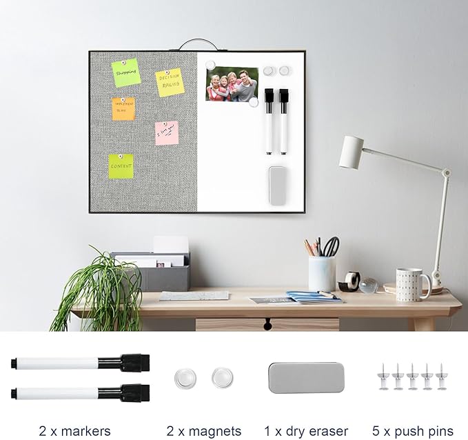 Small White Board Cork-Board Combo - 16 X 12 inches Gray Linen Board & Magnetic Dry Erase Board for Wall, Mini Bulletin Cork Board with Holder for Office, Home and School