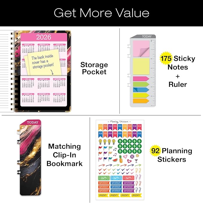 HARDCOVER 2025 Planner, 5.5"x8": 14 Months (November 2024 - December 2025), Daily Weekly Monthly Planner, Yearly Agenda, Bookmark, Pocket Folder and Sticky Note Set (Dark Gold Marble)