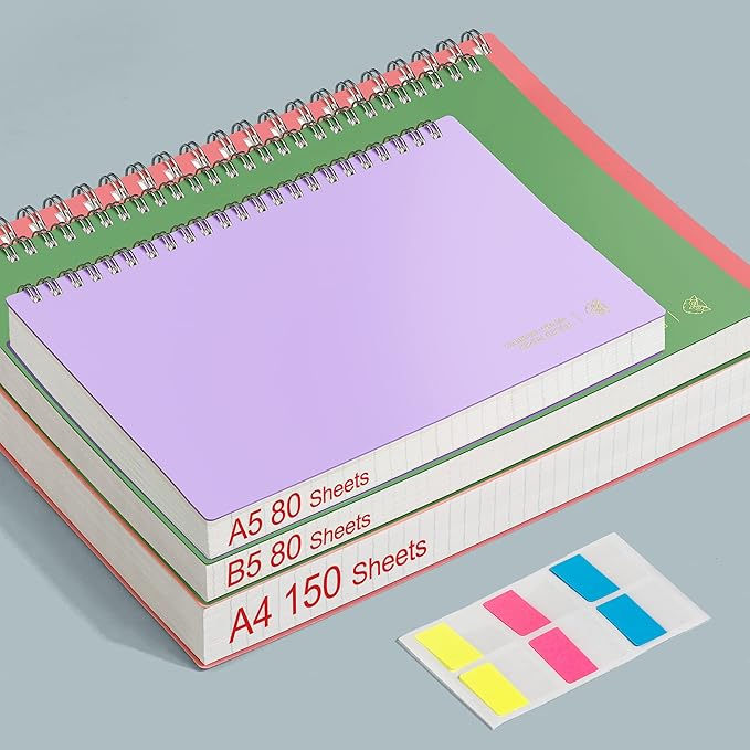 EMSHOI A4 Spiral Notebook College Ruled Lined Journal, 11.2" x 8.27", 300 Pages, 100gsm Thick Paper, Waterproof Softcover, Twin-Wire Binding, Sticky Notes, Green