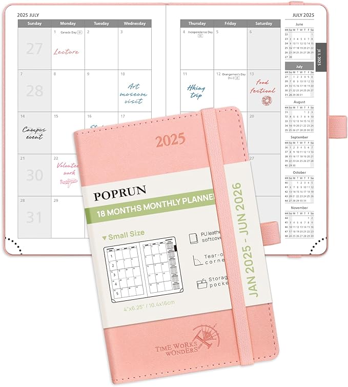 POPRUN Pocket Monthly Planner 2025-2026 (Pocket- 4''x 6.25''Soft Leather Cover) - 18 Month Calendar Book for Purse (January 2025-June 2026), 100 GSM Thick Paper - Pink