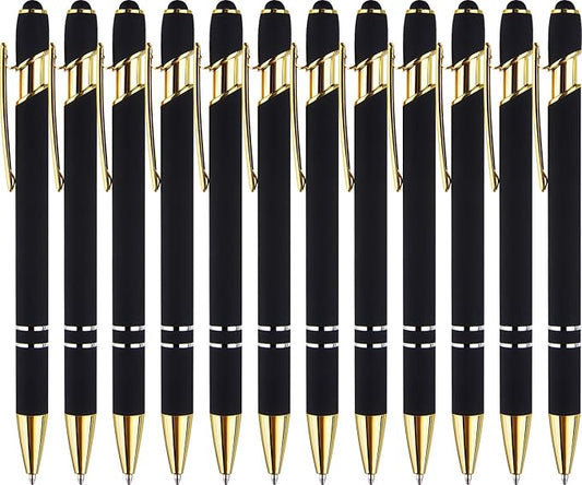 LINFANC 12 Pack Black Gold Ballpoint Pen with Stylus Tip, 1.0 mm Black Ink Smooth Writing Pens, Metal Stylus Pens for Touch Screens