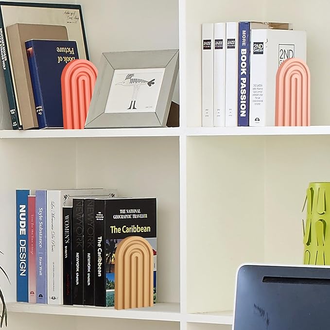 Harloon 4 Pieces Boho Arch Wood Bookends Rainbow Arch Back to School Gift Ideas Non Skid Bookend Decorative Wooden Book Stand Book Stoppers for Books Movies CDs(Cute Color)