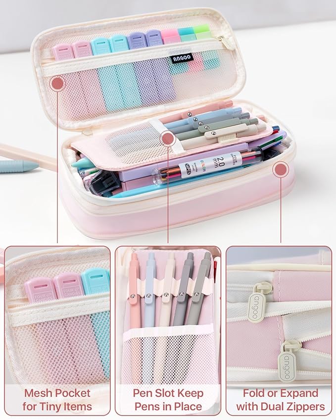 Four Candies 56 PCS Aesthetic School Supplies with Large Pencil Case, 6 Colored Ballpoint Pens, 12 Pastel Highlighters, 5 Black Ink Gel Pens, 9 Mechanical Pencils 0.5-2.0mm Student Essentials (Pink)