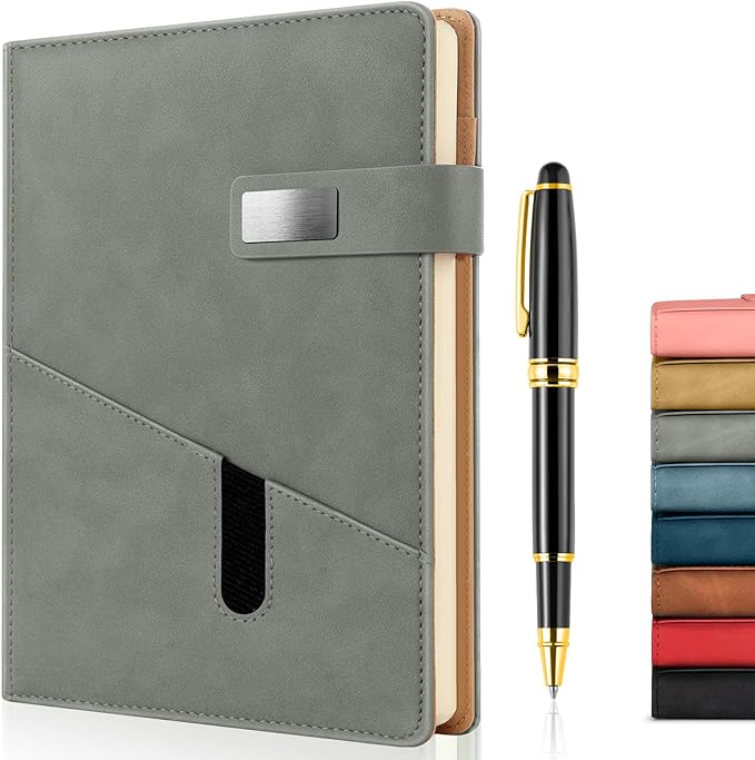 A5 Lined Leather Journal with Pen, 240 Pages Refillable Hardcover Notebook with Pocket and Magnetic Buckle, 80gsm Thick Daily Diary for Men and Women, Great Gift for Business Travel Personal - Gray