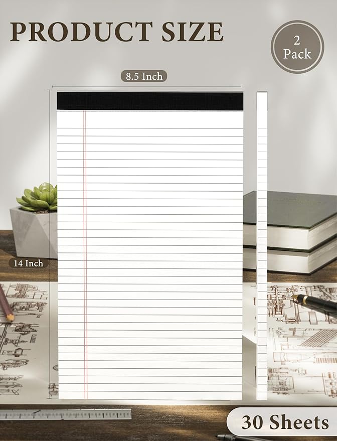 Legal Pads 8.5 x 14 White Wide Ruled, 2 Pack Legal Note Pads 8.5 x 14 Notepad, Lined Paper Pads 8.5 x 14, Lined Tablets Writing Pads, Lined Writing Note Pad, White 70 GSM Pads Of Paper, 30 Sheets/Pad