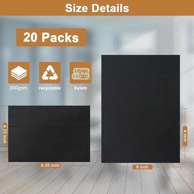 Black Blank Greeting Cards and Envelopes 4 x 6 Heavyweight Folded Cardstock and A4 Envelopes Printable Self Seal 20 Packs for DIY Wedding Invitations, Birthday, Thank You Cards, Party