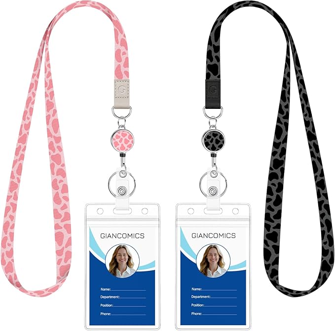 Giancomics Leopard Lanyards for Id Badges, Cute ID Badge Holder with Retractable Reel, Waterproof Lanyards for Cruise Ships Cards Key Work Name Tag Zip Type Card Holder Protector 2 Pack