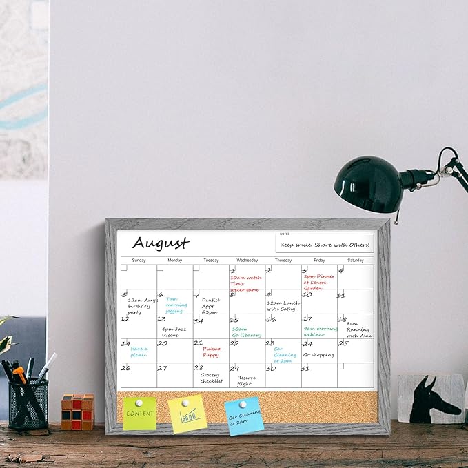 Calendar Whiteboard for Wall, Dry Erase Calendar Whiteboard Cork Board Combo, Magnetic Small White Board, Hanging Dry Erase Board for Kitchen Home Office (Graywashed)