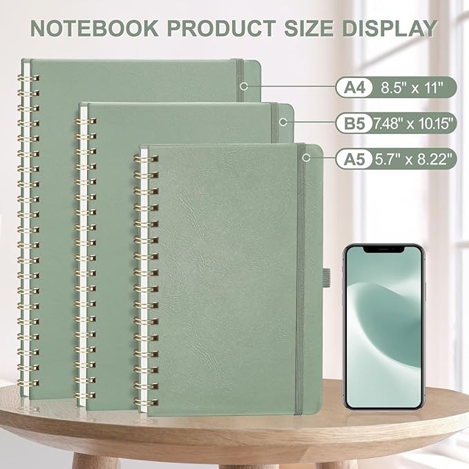 AHGXG Bullet Dotted Journal Spiral Notebook 8.5" x 11", Large A4 Leather Hardcover Dotted Notebook, 100 GSM Thick Dot Grid Paper, Inner Pocket, for Bullet Journaling, Sage Green