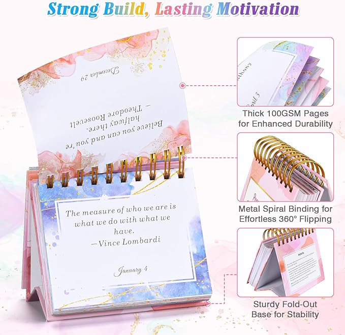 Motivational Calendar, Daily Flip Calendar with Inspirational Quotes, Perpetual Desk Calendar, Inspirational Gifts for Women, Office Decor for Women, Pink Desk Accessories for Women Men, Watercolor