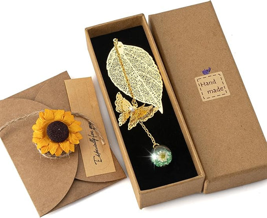 Golden Leaf Metal 3D Bookmark with Bonus Handmade Greeting Card, Butterfly & Sunflower Craft Gift Card Envelope, Gift for Book Lovers, Family, Friends, Teacher & Kids Chongzhen