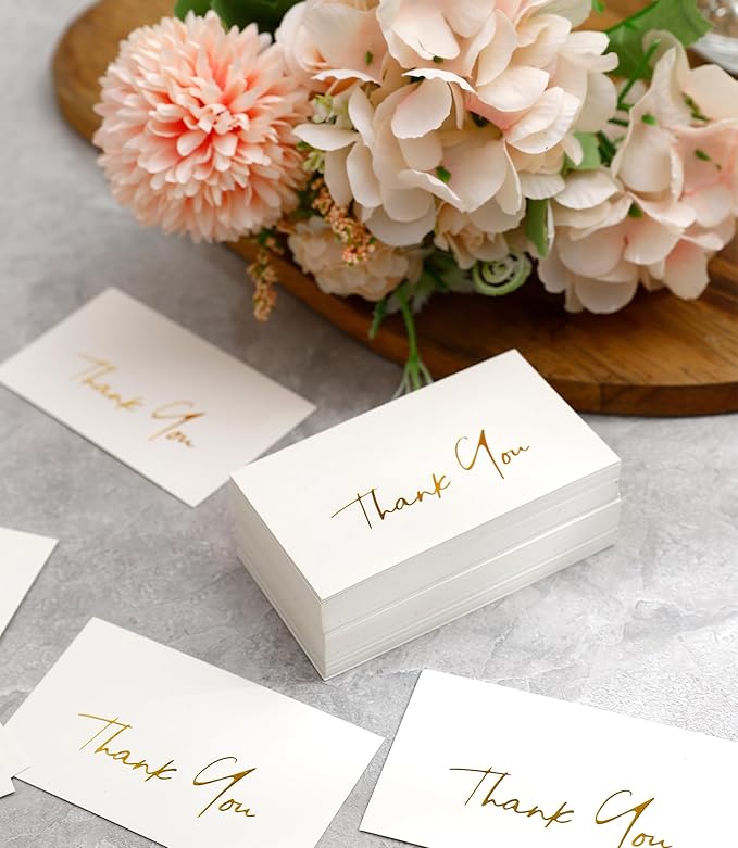 Winoo Design Gold Mini Thank You Cards Small Business - 100 PK - Flat Card No Fold, 2 x 3.5 Inches Thank You for Your Order Cards Thank You for Your Support Cards for Wedding Off White Color