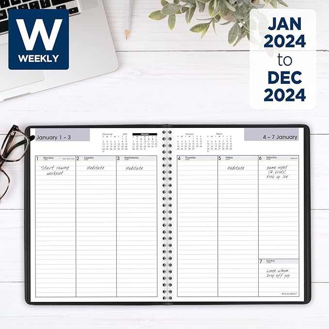 AT-A-GLANCE 2024 Weekly Planner, DayMinder, Column-Style, 7" x 8-3/4", Medium, Faux Leather, Black (G5900024)
