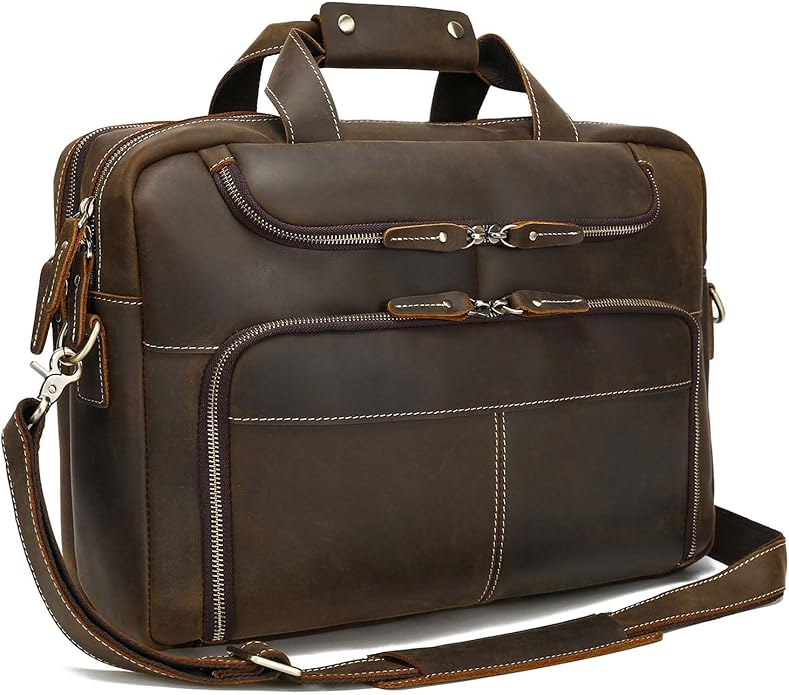 LANNSYNE Vintage 17” Leather Laptop Bag Briefcases For Men, Extra 1 Collection Brown