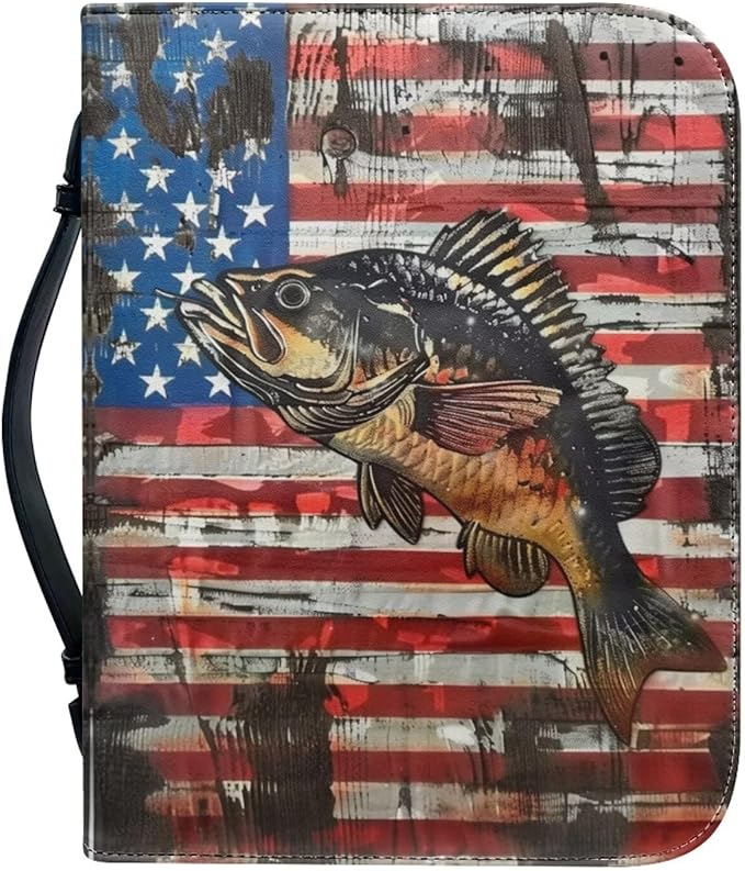 Lotusorchid Bass Fish Print Bible Cover Case, Zippered Bible Carrying Case for Women Girls, American Flag Bible Tote Bag Sturdy Bible Book Cover for Bible Study, Christian Bible Accessories, L