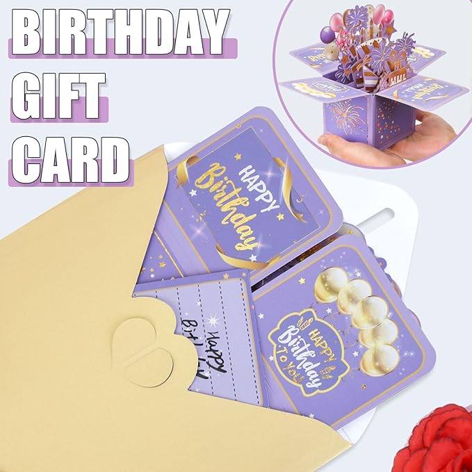 Surprise Pop Up Happy Birthday Cards, Lovely 3D Birthday Card for Adults and Kids with Envelopes, Unique Design Handmade Foldable Greeting Cards for Daughter, Son, Mom, Dad, Friend（Purple）