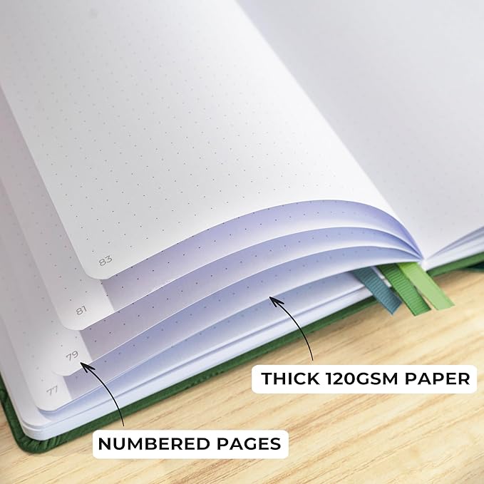 Clever Fox Dotted Journal 2.0 – Compact Planning and Sketching Dot Grid Notebook 120 GSM Thick, No-Bleed Paper – Planner with Pen Loop, Pocket, Ribbons, Stickers A5 - Forest Green