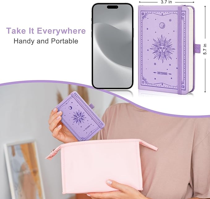 EMSHOI Lined Journal Pocket Notebook - A6 Small Leather Hardcover Notebook for Women, College Ruled 160 Numbered Pages, Mini Notepad for Travel Work School Office Writing Gifts 3.7x5.7, Light Purple