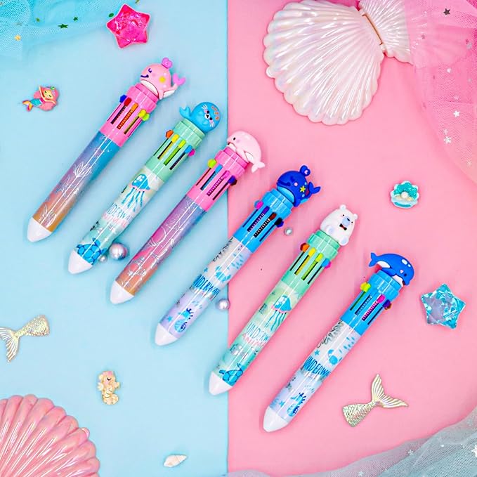 Multicolor Ballpoint Pen 0.7 mm, 10-in-1 Colored Pens Fine Point Retractable Cute Cartoon Ocean Animal Ballpoint Pens for School Supplies Students Kids Gifts, 6 Pack