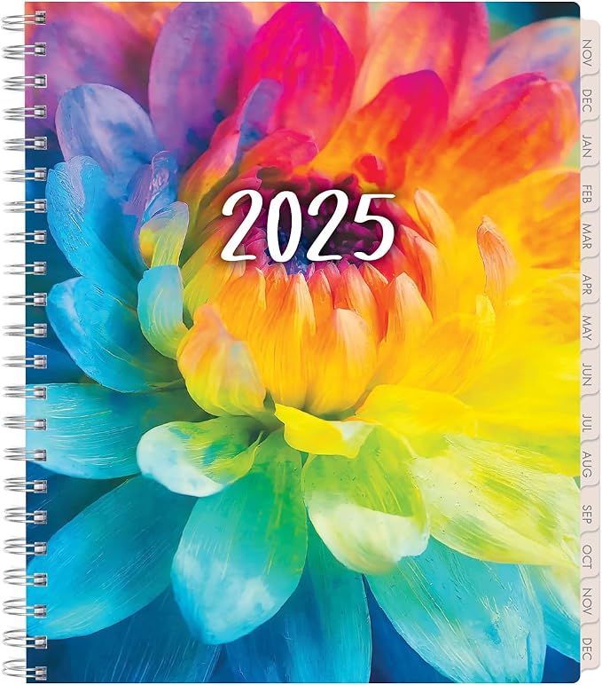 Essential PRO 2025 Daily, Weekly & Monthly Planner, 8.5"x11": 14 Months (Nov 2024 - Dec 2025) Monthly Tabs,Daily Tracking,Notes Pages,Storage Pocket,Bookmark w Sticky Notes (Rainbow Petals)